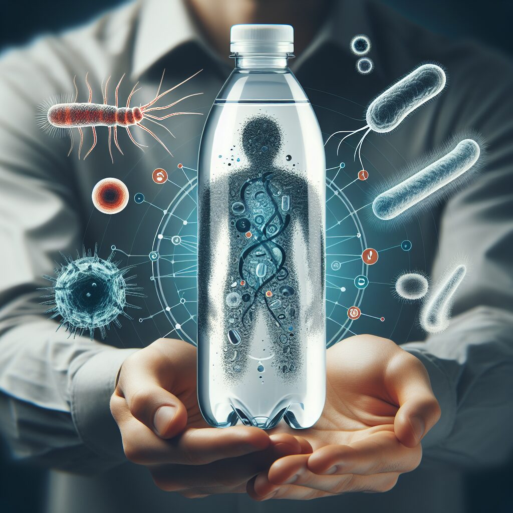 A person holding a water bottle with visible bacteria illustrations around it, focusing on hygiene and health concerns, in a modern and scientific style.