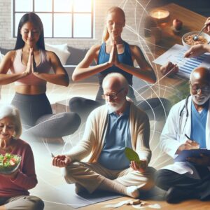 A diverse group of adults sitting together, each referencing a different lifestyle or health aspect: a person exercising, another eating healthy, one meditating, and a medical professional discussing health charts. The atmosphere is positive, light, and focused on wellness and prevention.