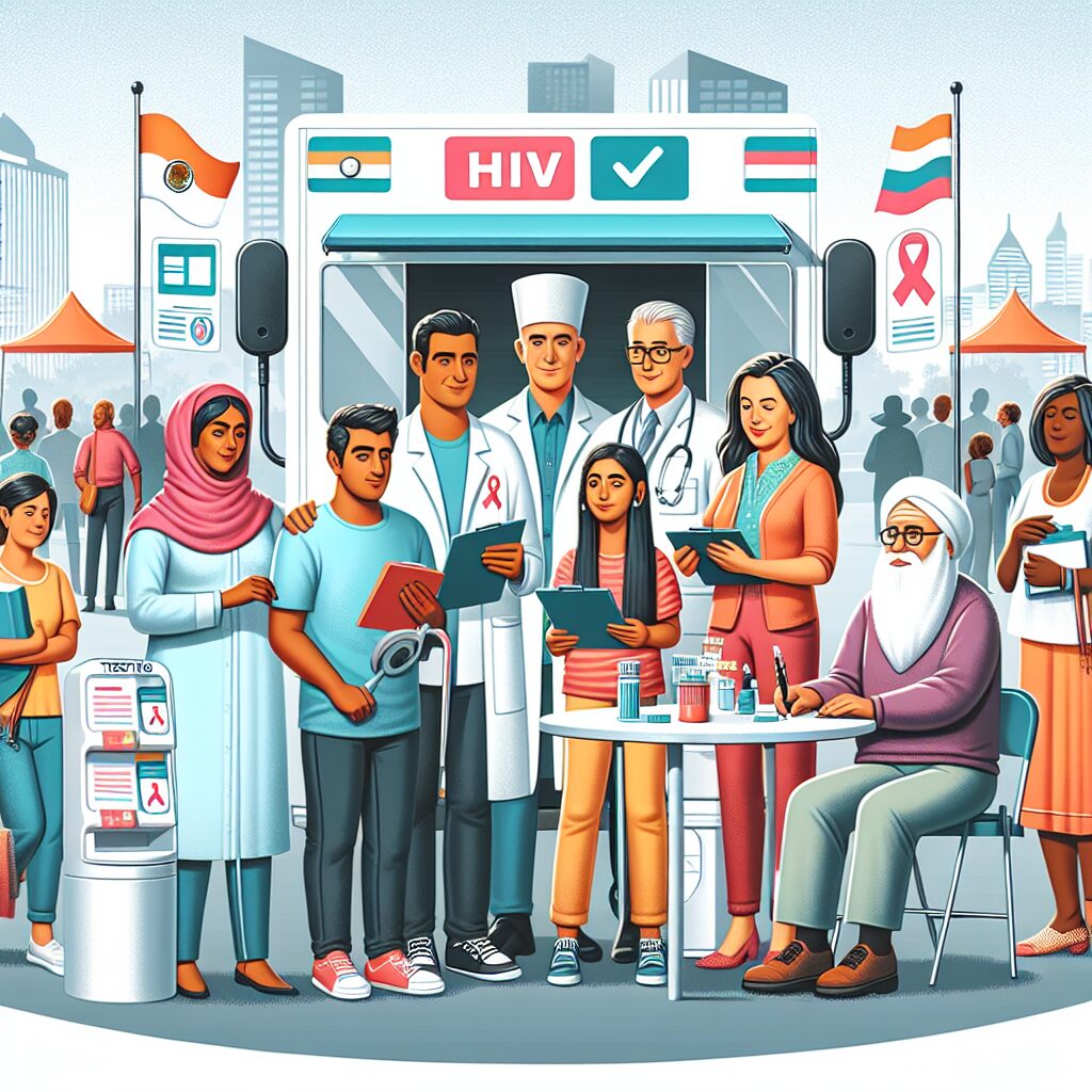 An informative and engaging illustration depicting people of diverse backgrounds attending a community health event focused on HIV testing and awareness, set in a modern urban environment, reflecting unity and health awareness.