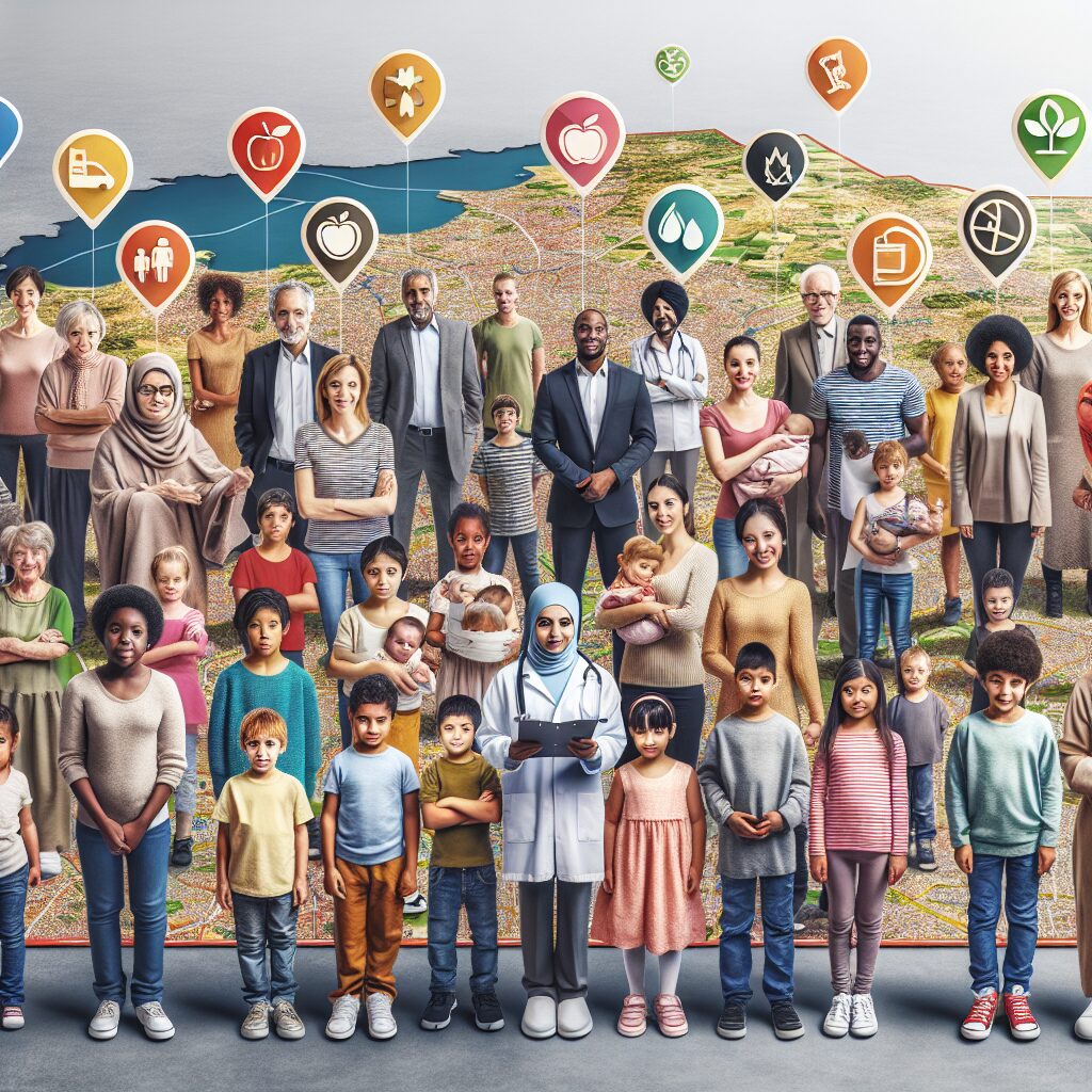 A diverse group of adults and children participating in a health survey, representing various ethnicities and demographics. In the background, there is a map of France with icons depicting health, nutrition, and environment.