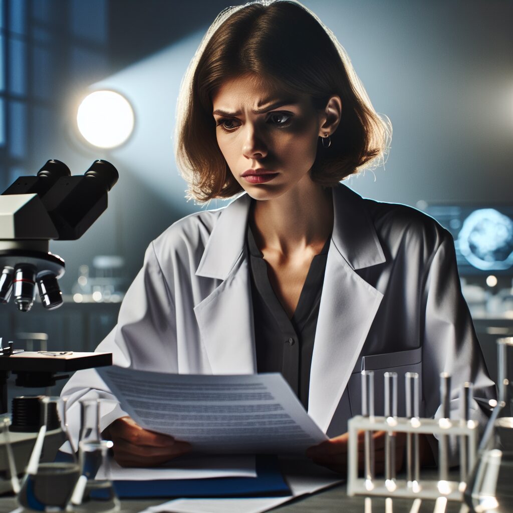 A concerned medical regulator with a stern expression, reviewing documents on a controversial cancer treatment. The background shows a laboratory setting with medical equipment, highlighting the seriousness of the issue.