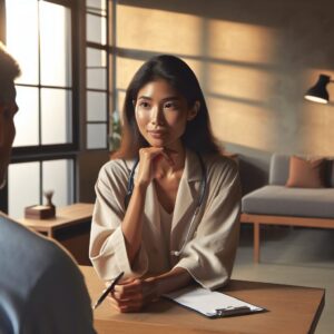 A thoughtful doctor advising a patient in a calm, minimalist clinic setting, emphasizing a non-medicated approach to treatment, with warm lighting and a supportive atmosphere.