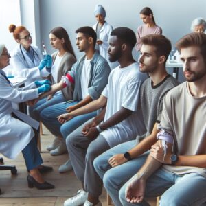 A diverse group of people of different ages and ethnicities getting tested for HIV in a serene and welcoming clinic environment. Highlight the atmosphere of care, support, and modern medical technology.