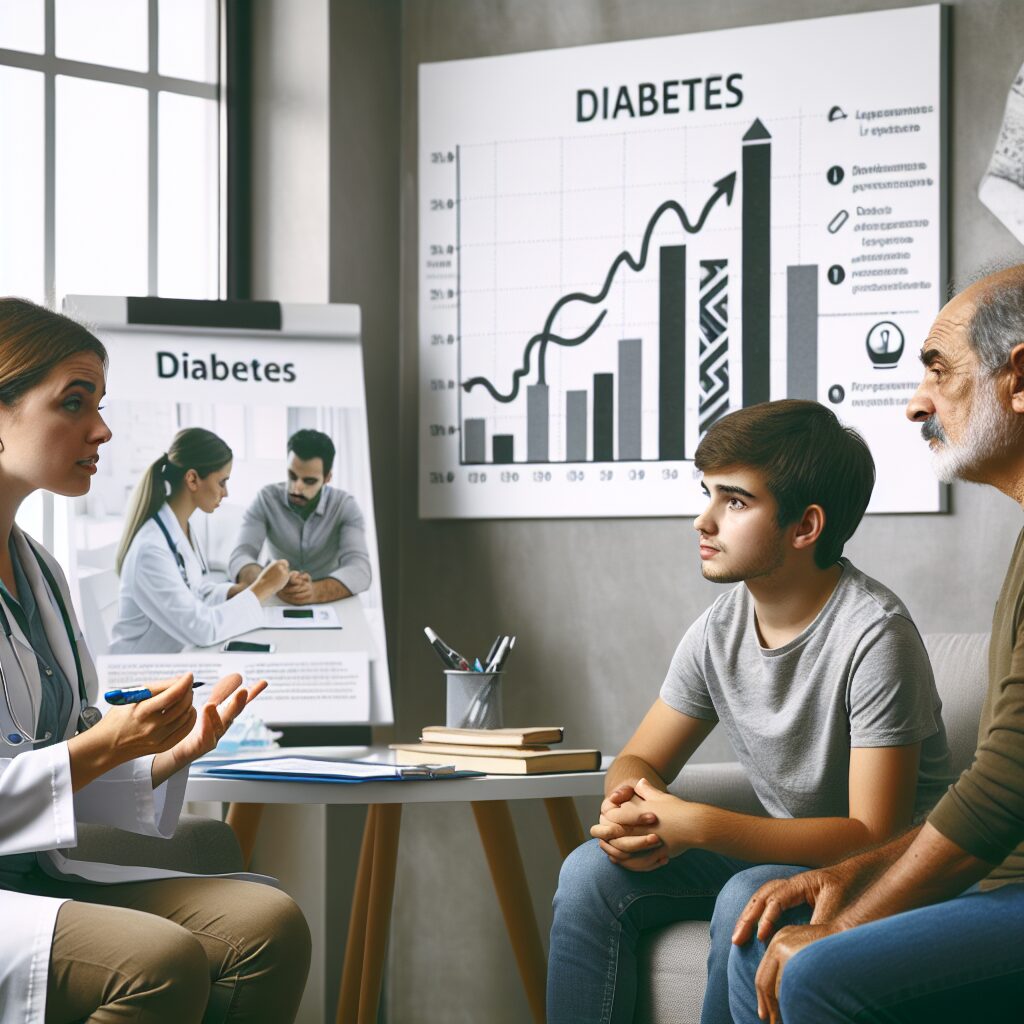 A concerned family sitting at a doctor's office, discussing diabetes with a healthcare professional, while a graph on the wall shows the rising statistics of diabetes cases in France.