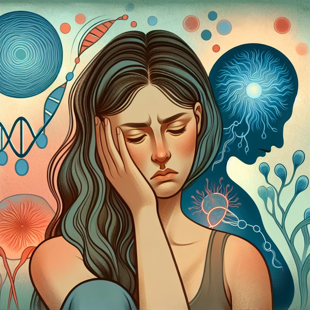 An artistic representation of a woman experiencing menstrual pain, surrounded by abstract representations of genes and chromosomes, symbolizing the connection between depression and menstrual pain. The background should be soft and soothing, with colors emphasizing the subject's struggle and hope for relief.