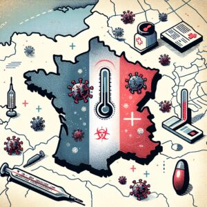 A detailed illustration showing a map of France highlighting the Île-de-France region, symbolizing the spread of the flu epidemic. The map should include medical symbols like thermometers and virus icons to indicate the health crisis.