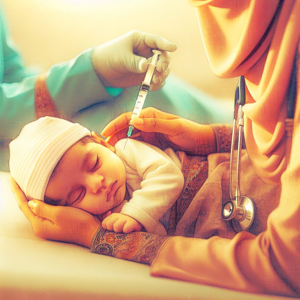 An illustration showing a calm, sleeping newborn in soft, warm colors, symbolizing protection and care, with subtle medical elements like a healthcare professional gently administering a vaccine.