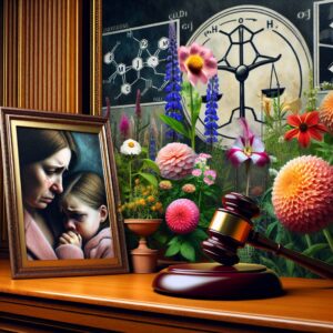 A courtroom scene depicting a grieving mother, Laure Marivain, holding a picture of her daughter, with a judge’s gavel in the foreground. The background shows contrasts between vibrant flowers and ominous chemical symbols representing pesticides.