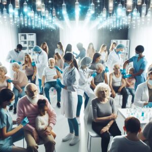 A diverse group of people, including seniors, children, and healthcare workers, actively receiving vaccinations in a bright, modern clinic. The setting is vibrant, indicating a collective effort to prevent the spread of flu and Covid-19.