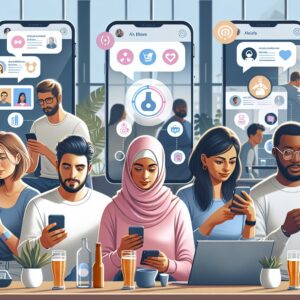 An informative illustration showing a diverse group of people using a smartphone or computer to access health tools related to alcohol consumption. The setting is modern and digital, suggesting connectivity and inclusivity. Features like chat bubbles, digital content such as videos or articles, and icons for personalized tools should be subtly included.