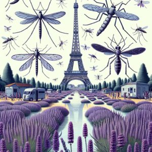 A detailed illustration of various mosquito species in France, specifically showing Aedes albopictus and Culex, with a background of French landscapes like the Eiffel Tower or Provence fields, symbolizing the spread of vector-borne diseases across the country.