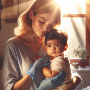 A heartwarming scene of a mother gently holding her baby in a cozy, sunlit room, conveying a sense of protection and care. The mother looks calm and reassuring, symbolizing the protective aspect of new medical preventatives against bronchiolitis.