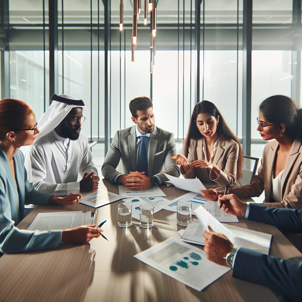 A diverse group of professionals engaged in a discussion around a table in a modern, brightly-lit boardroom, representing ethics and public health themes.