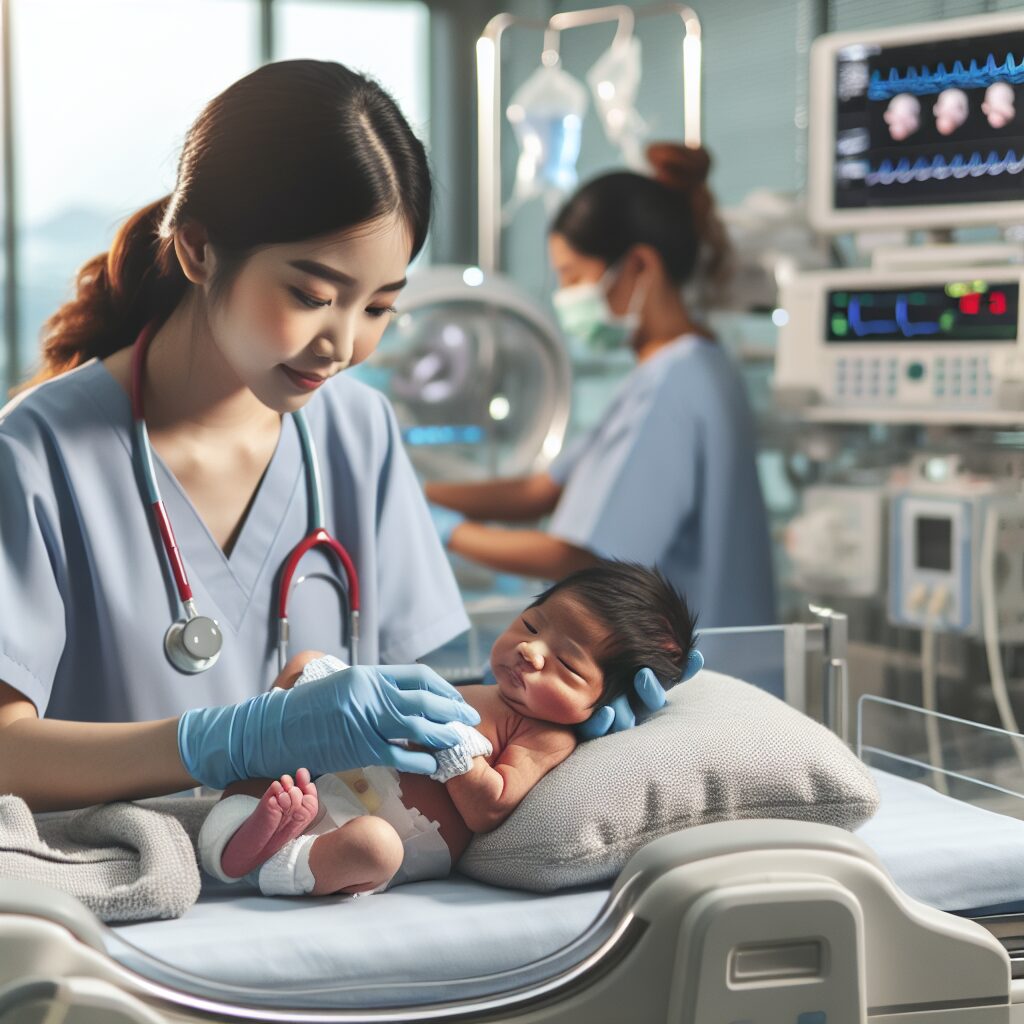 A newborn baby in a hospital setting, being cared for by medical staff performing a heel prick test, with a backdrop of medical equipment symbolizing neonatal screening and genetic disease awareness.