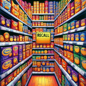 A detailed illustration of a supermarket aisle with a focus on shelves filled with biscuit packages, with one package highlighted and marked with a recall notice. Vibrant colors, indoor setting, focus on biscuit packaging and alert symbols.