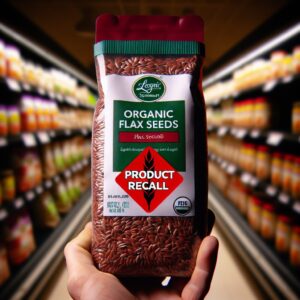 A package of organic flax seeds with a Carrefour logo, highlighted with a red alert sign, symbolizing a product recall. The background shows a grocery store shelf blurred out, creating a focus on the package.