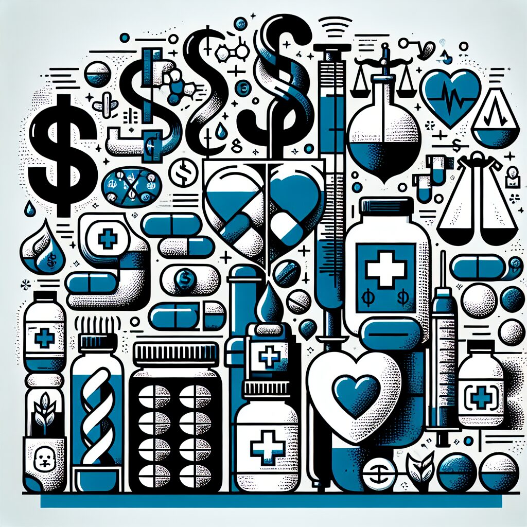 An illustration showing various pharmaceutical forms, such as tablets, liquid solutions, and inhalers, along with symbolic representations of cost-effectiveness and health benefits, highlighting the concept of hybrid medications.