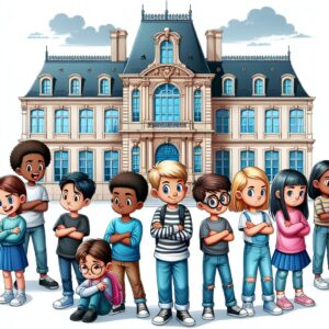 Illustration d'une école avec des enfants montrant leur inconfort face aux toilettes scolaires, une école française en arrière-plan, ambiance d'étude et de réflexion