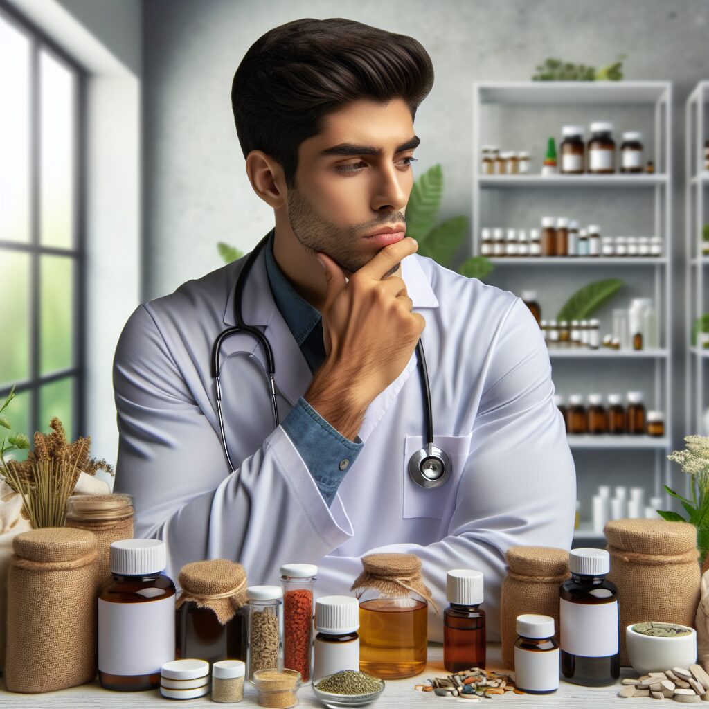 A thoughtful healthcare professional considering non-medication treatments with a backdrop of natural remedies and medical equipment in a calm, uncluttered clinic room.