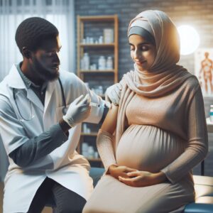 A pregnant woman receiving a vaccination in a medical clinic setting, showing a caring healthcare professional administering a vaccine, with a focus on comfort and safety. The room is well-lit and has medical equipment in the background, conveying a sense of trust and care for maternal health.