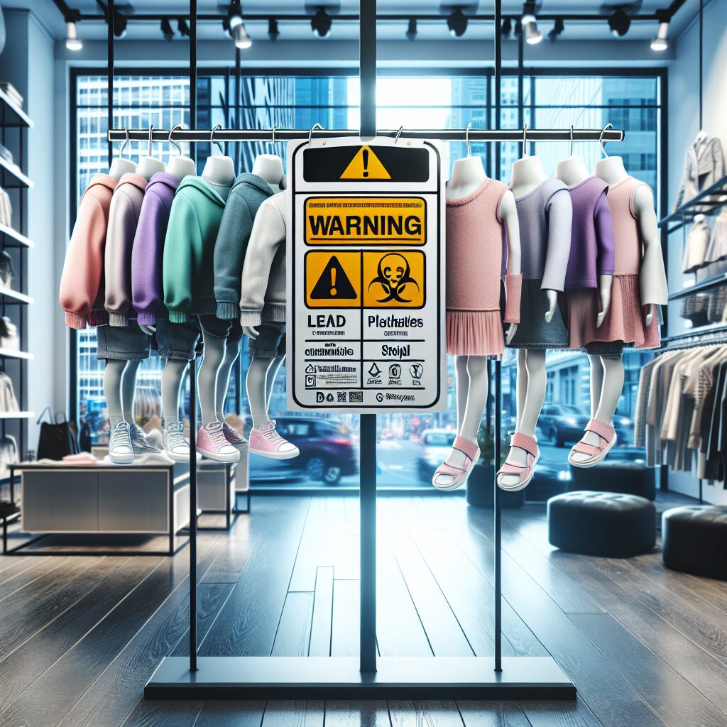 A realistic image of children's clothing labeled with caution signs indicating toxic substances like lead, phthalates, and cadmium, displayed in a fashion store environment. The background should feature an urban setting to emphasize the connection to fast fashion.