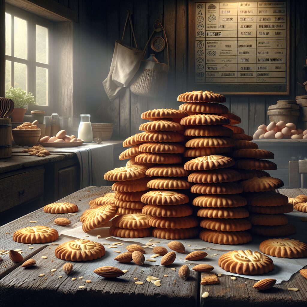 A pile of traditional French biscuits, 'Navettes de Provence', on a rustic kitchen table, with a background hinting at allergens like almonds and eggs. The image should evoke a sense of health concern and caution, emphasizing the need for awareness in food labeling.