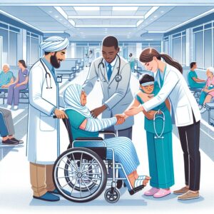 An illustrative image showcasing accessibility in healthcare, featuring diverse people with disabilities receiving care and support in a modern medical facility.