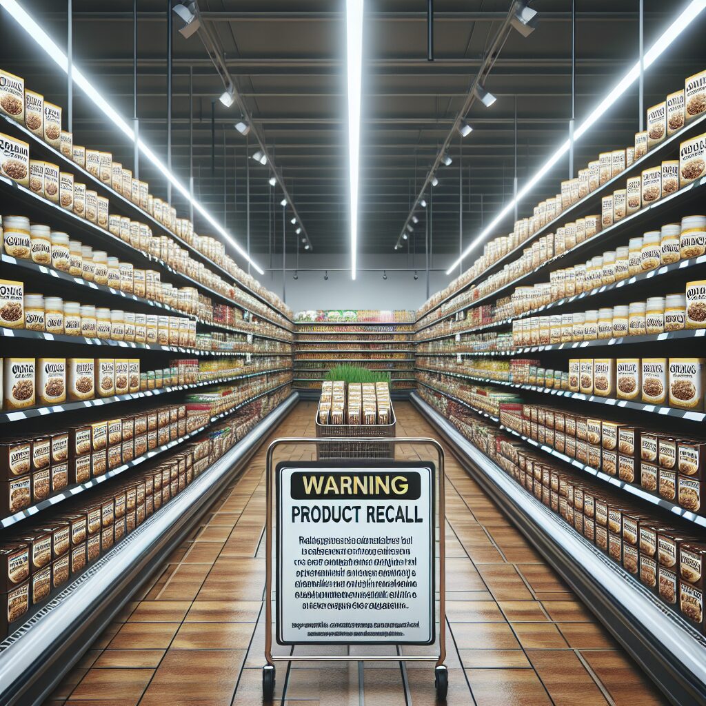 An image of a Carrefour supermarket with a warning sign about product recall; shelves with flaxseed packages labeled organic, in a realistic photographic style, emphasizing a health alert scenario.