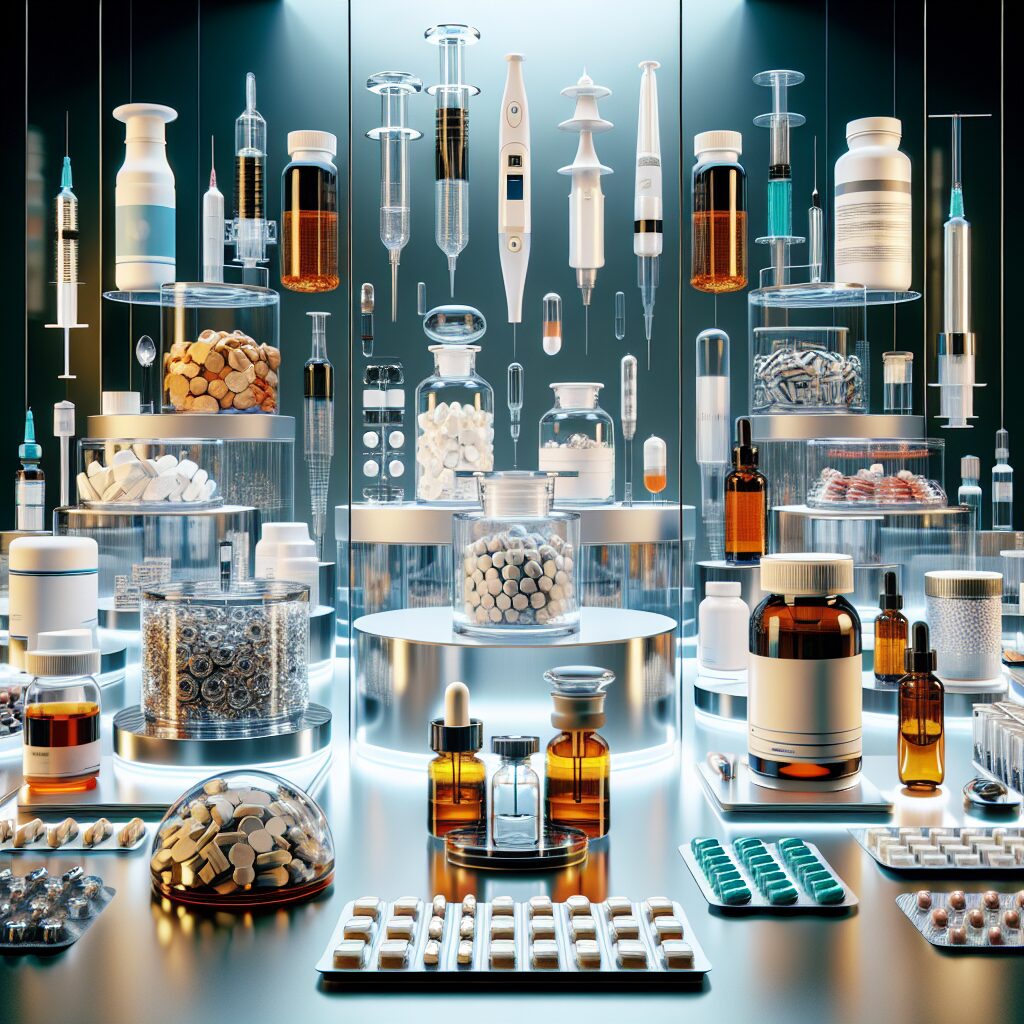 An image of various pharmaceutical products, including different formats like syrups, tablets, and innovative drug delivery devices, displayed in a modern, sleek setting, highlighting medical innovation.