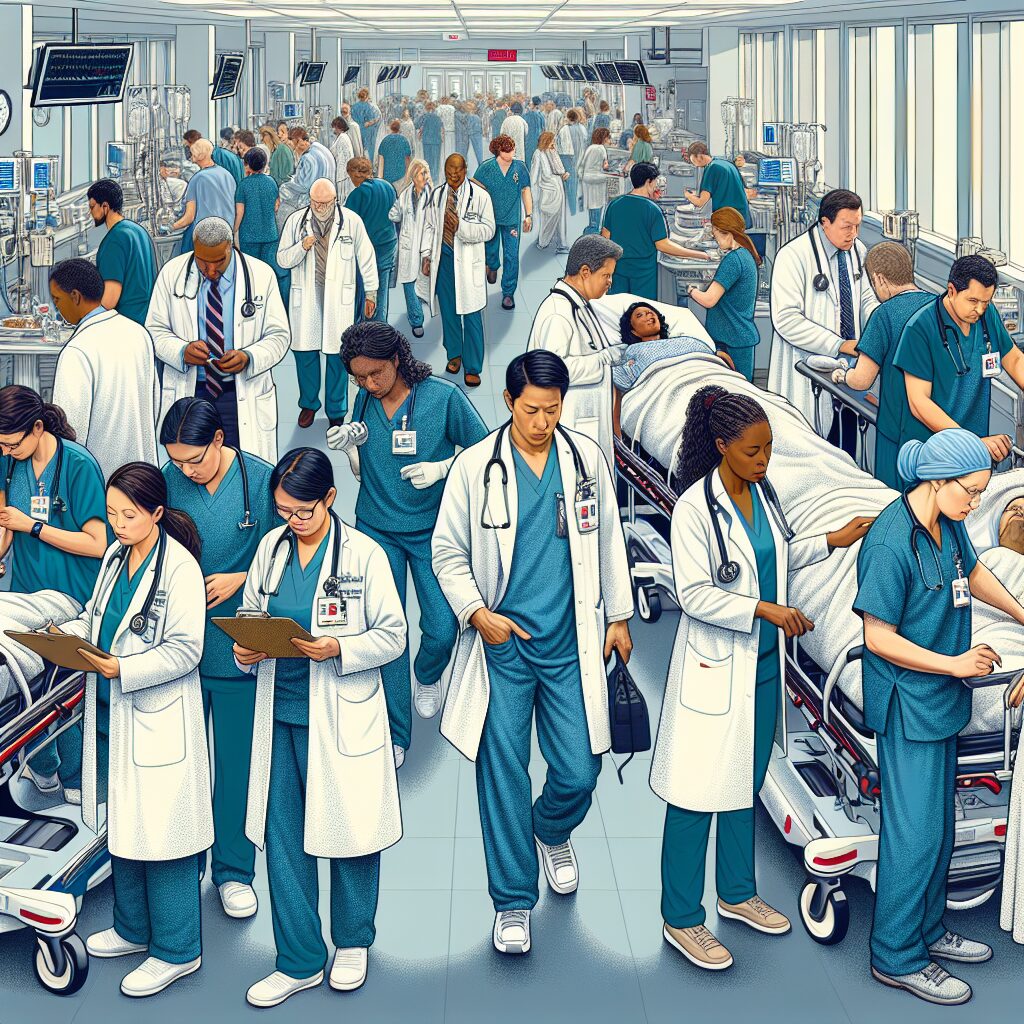 A busy hospital emergency room with medical staff and patients, conveying urgency and tension, realistic illustration.