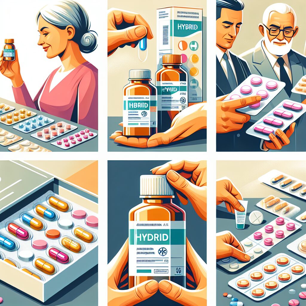 An informative illustration showing various forms and packaging of hybrid medications, highlighting their advantages over traditional drugs. Include elements such as tablets, liquid formulas, and diverse packaging solutions suited for different patient needs.