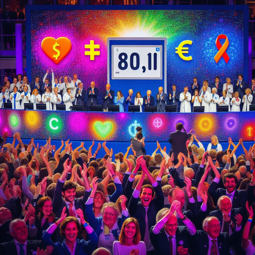 A vibrant and celebratory scene at the 2024 Telethon finale, with donation counters displaying nearly 80 million euros, cheerful participants, and a backdrop symbolizing hope and medical research.