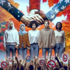 An inspiring image of a diverse group of people joining hands, symbolizing support and unity for quitting smoking, with smoke-free icons and autumn leaves in the background.