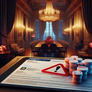 A dynamic image of the Élysée Palace at dusk, with attention on a closed-door meeting atmosphere. In the foreground, a table with various over-the-counter medications, their packaging featuring 'prescription required' labels. A discreet digital representation of an email with a red warning symbol on a tablet, symbolizing Orange's fine issue.