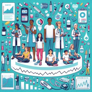 Illustration of rising diabetes trends in France, with diverse young and adult individuals affected by diabetes, healthcare professionals, graphs showing data increase, and medical symbols like insulin and blood glucose levels.