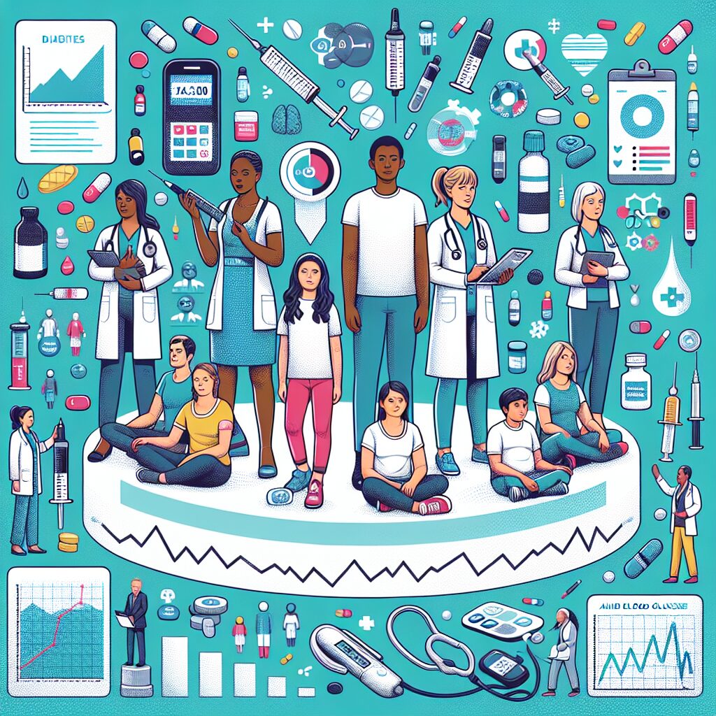 Illustration of rising diabetes trends in France, with diverse young and adult individuals affected by diabetes, healthcare professionals, graphs showing data increase, and medical symbols like insulin and blood glucose levels.