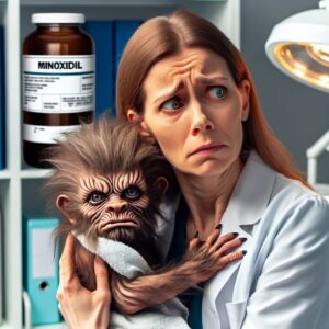 A worried mother holding her baby with excessive hair growth, resembling a werewolf, in a European setting. The background should show a medical office environment, with concerned expressions highlighting parental worry. Include a bottle labeled 'minoxidil' subtly in the background as a hint to the cause.