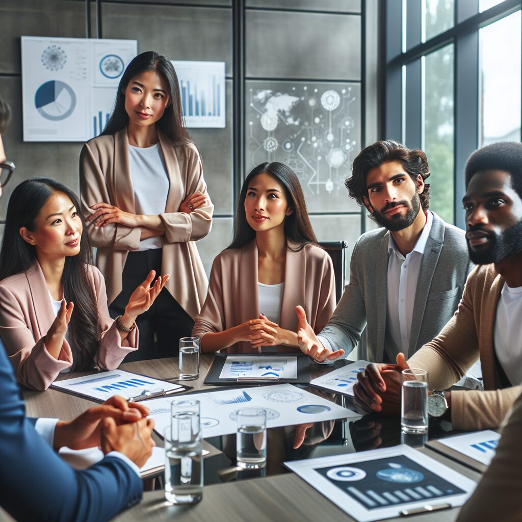 A group of diverse professionals in a modern conference room, discussing and sharing ideas about ethics in public health, with an official and collaborative atmosphere.