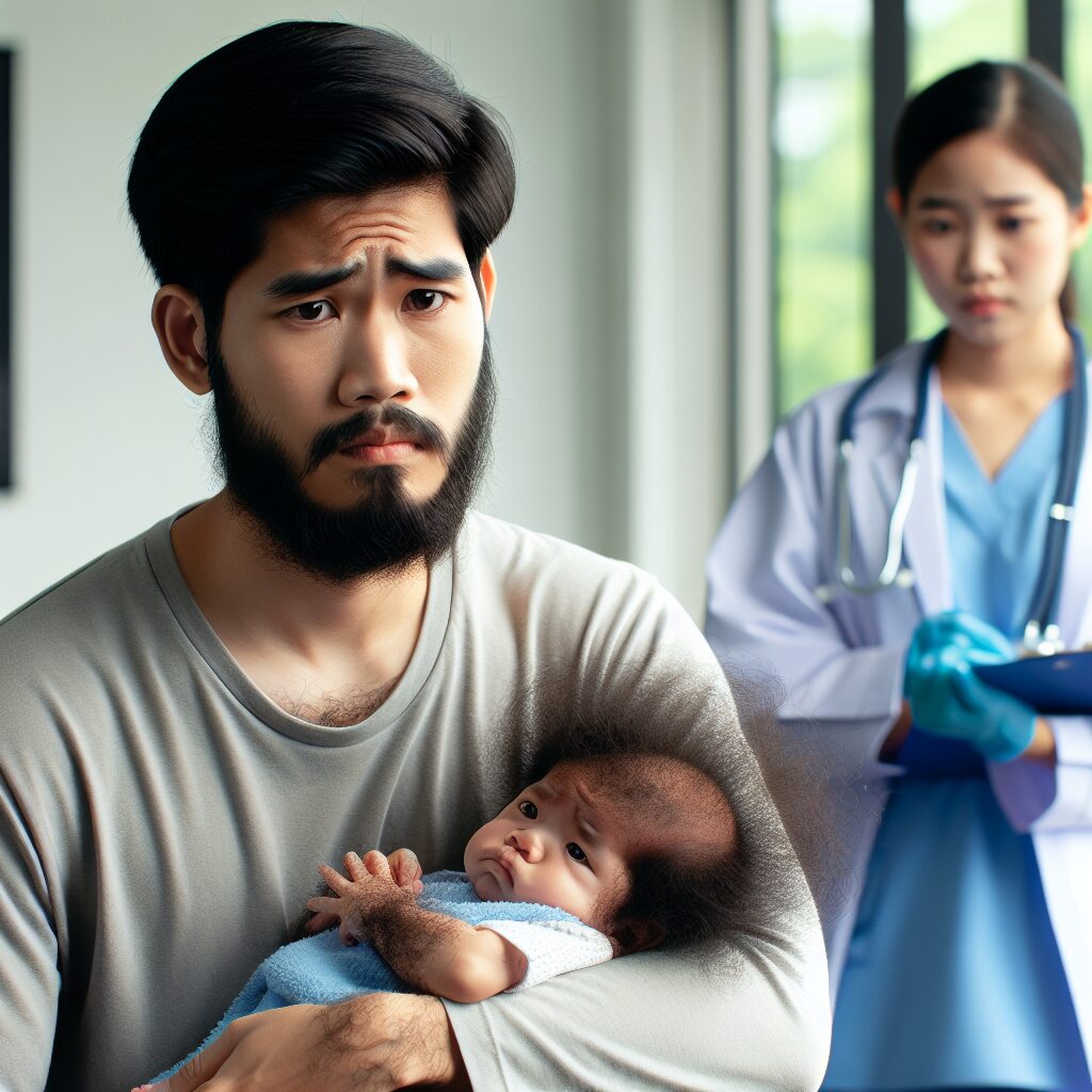 A concerned parental figure holding a baby with abundant body hair, indicating the effects of medication, in a medical setting. The background shows a healthcare professional consulting with the parent, emphasizing the medical theme.