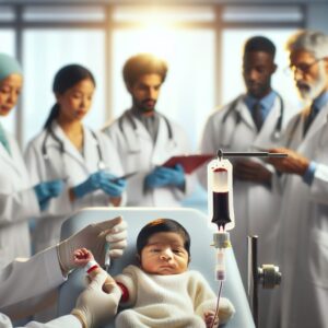 A newborn baby receiving a blood screening test in a hospital setting, with medical staff in white coats and gentle lighting illustrating a calm, professional healthcare environment.