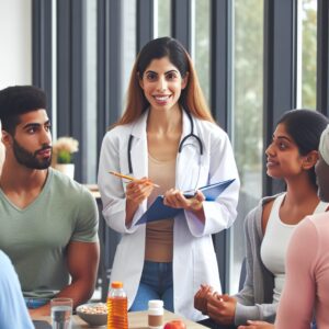 A diverse group of people in a doctor's office, discussing alternative treatments. The doctor is advising on non-medicinal options such as exercise and diet, while patients look interested and engaged.