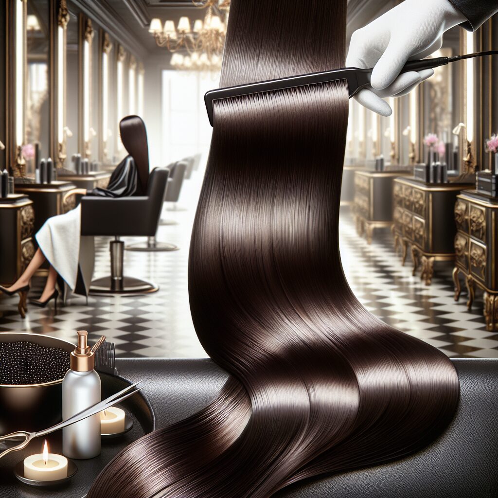 A close-up of smooth, shiny hair undergoing a Brazilian hair straightening treatment in a luxurious salon setting, with a subtle warning visual element like a caution sign or hazard symbol integrated into the background.