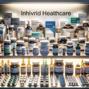 A diverse selection of hybrid medications in different forms, packaging, and administration methods on a pharmacy shelf, emphasizing innovation and accessibility in healthcare.