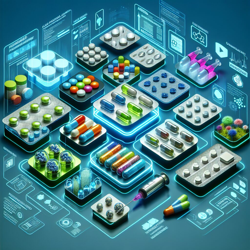 A conceptual image of hybrid medications showing diverse forms and packaging, with a futuristic and innovative look. Highlight the economic benefits and accessibility, with vibrant colors symbolizing advancement and progress in pharmaceuticals.