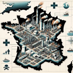 A detailed map of France highlighting industrial zones with visual elements showing pollution effects like smoke, factory illustrations, and population health symbols.