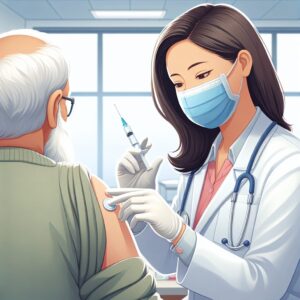 A detailed illustration of a healthcare worker administering a vaccine to an elderly person in a clinical setting, with a focus on a vaccination syringe and a calm, reassuring environment.