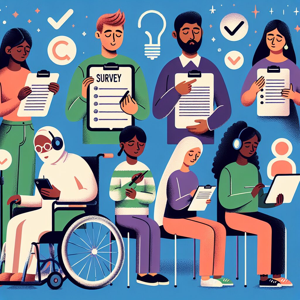 A diverse group of individuals with different disabilities providing feedback through a survey, illustrating the concept of improving healthcare accessibility through collective experiences, in a supportive and inclusive environment.