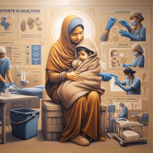 A concerned parent holding a baby protected against cold, with a background illustrating a healthcare setting, showing a calm and caring environment. The image should convey warmth, protection, and hope, emphasizing prevention against respiratory illnesses.