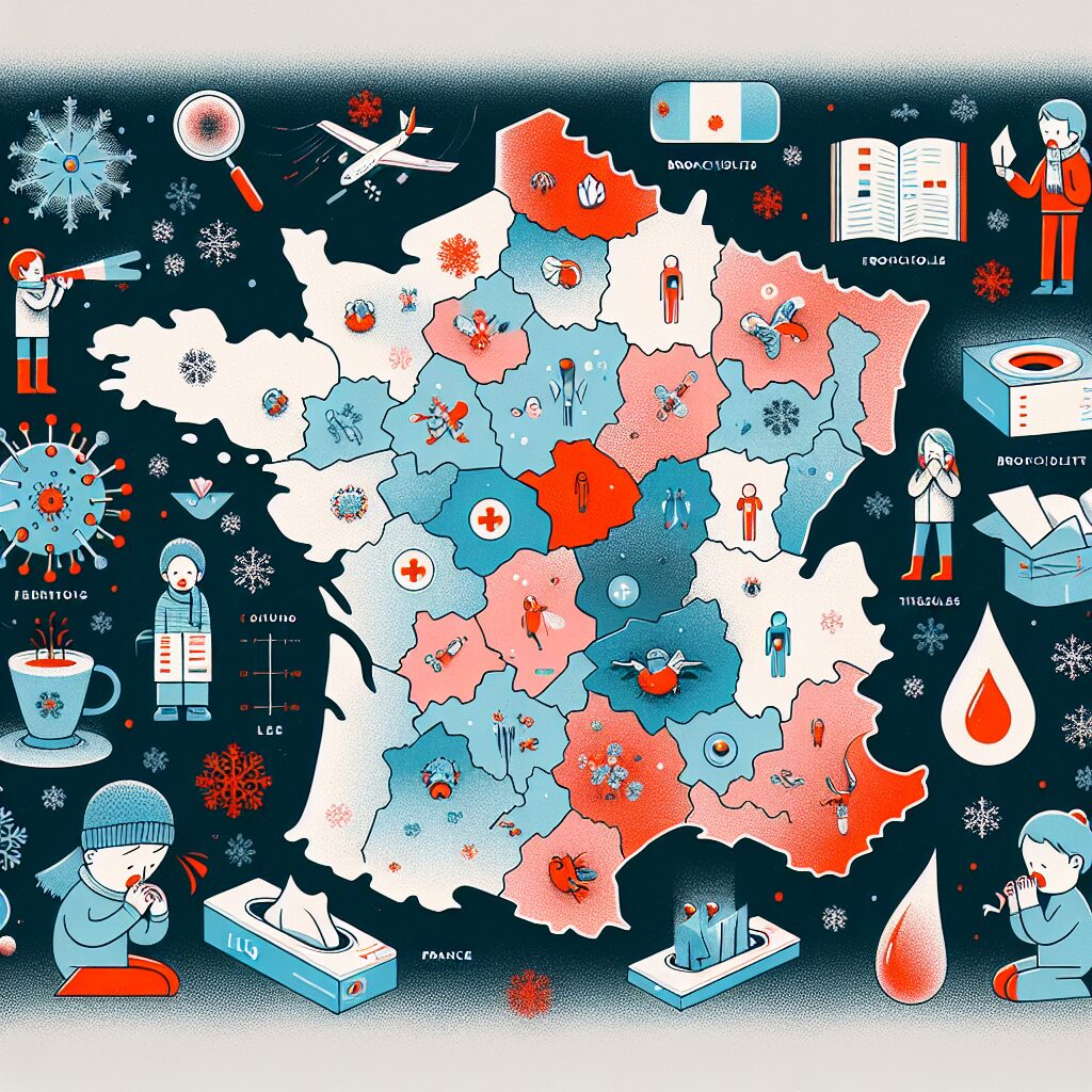 An illustration showing a map of France with regions highlighted in red to indicate the spread of flu and bronchiolitis. Include symbols representing flu and bronchiolitis, such as tissues and coughing children. The image should have a wintery theme, suggesting cold weather and the flu season.