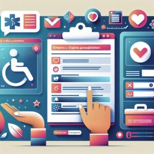 Illustration d'un questionnaire médical en ligne dédié aux personnes en situation de handicap, montrant une interface numérique moderne et accessible, avec des éléments comme une boîte à outils virtuelle pour l'amélioration des soins, un thème inclusif et attentionné.